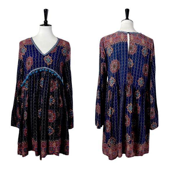 Artistic Works by Lu Boho Swing Dress V-neck Fringe Blue Multi Women’s Size XL - Picture 11 of 11